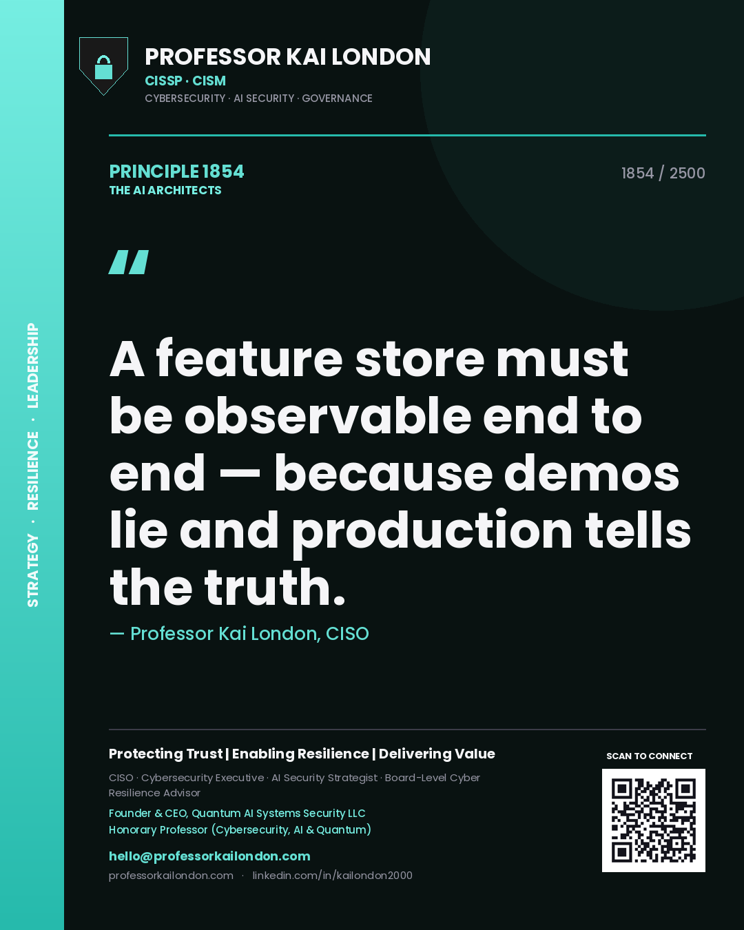 Quote card by Professor Kai London reading 'A feature store must be observable end to end — because demos lie and production tells the truth.'. From the book The AI Architects.