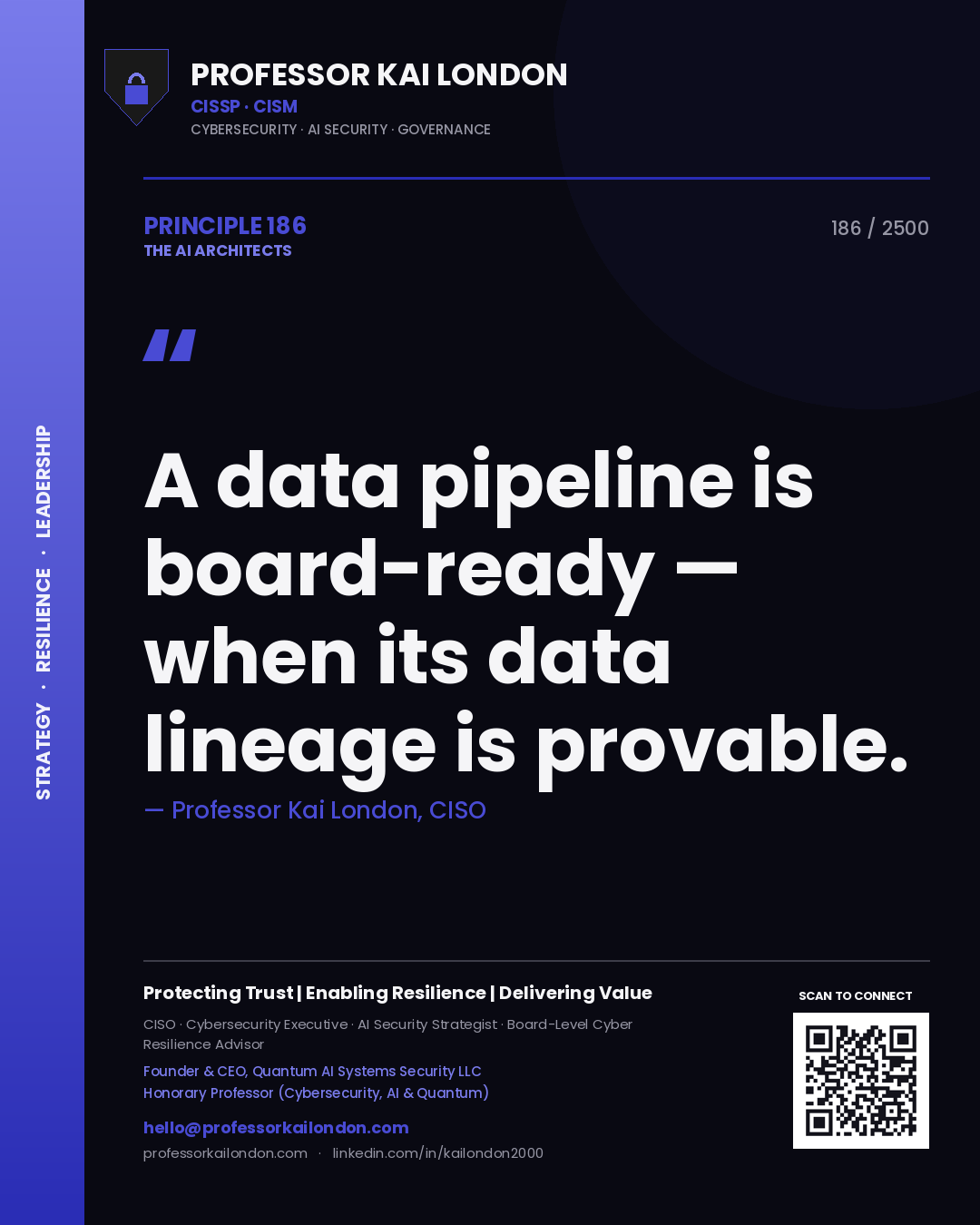 Professor Kai London principle 186: A data pipeline is board-ready — when its data lineage is provable.