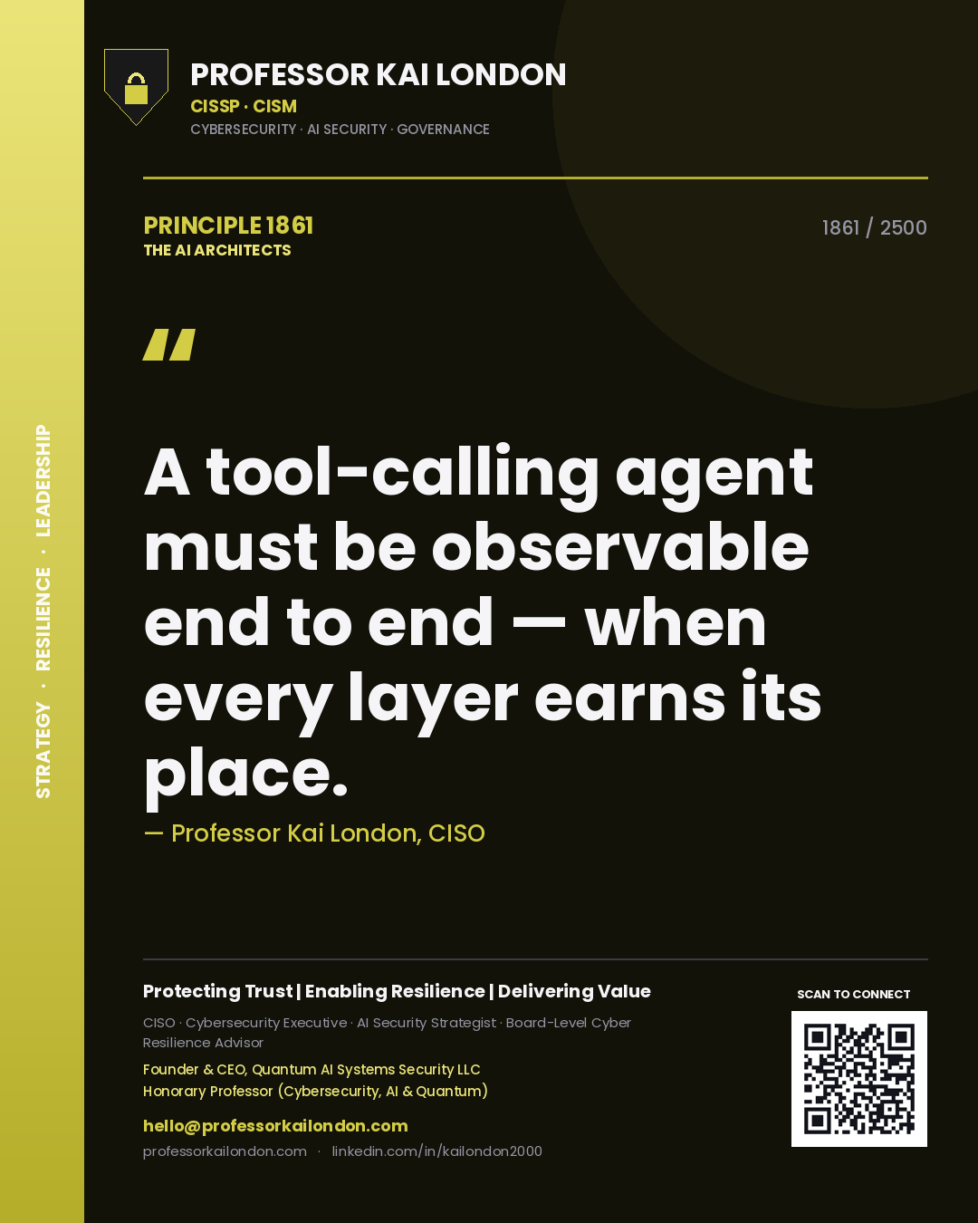 Quote card by Professor Kai London reading 'A tool-calling agent must be observable end to end — when every layer earns its place.'. From the book The AI Architects.