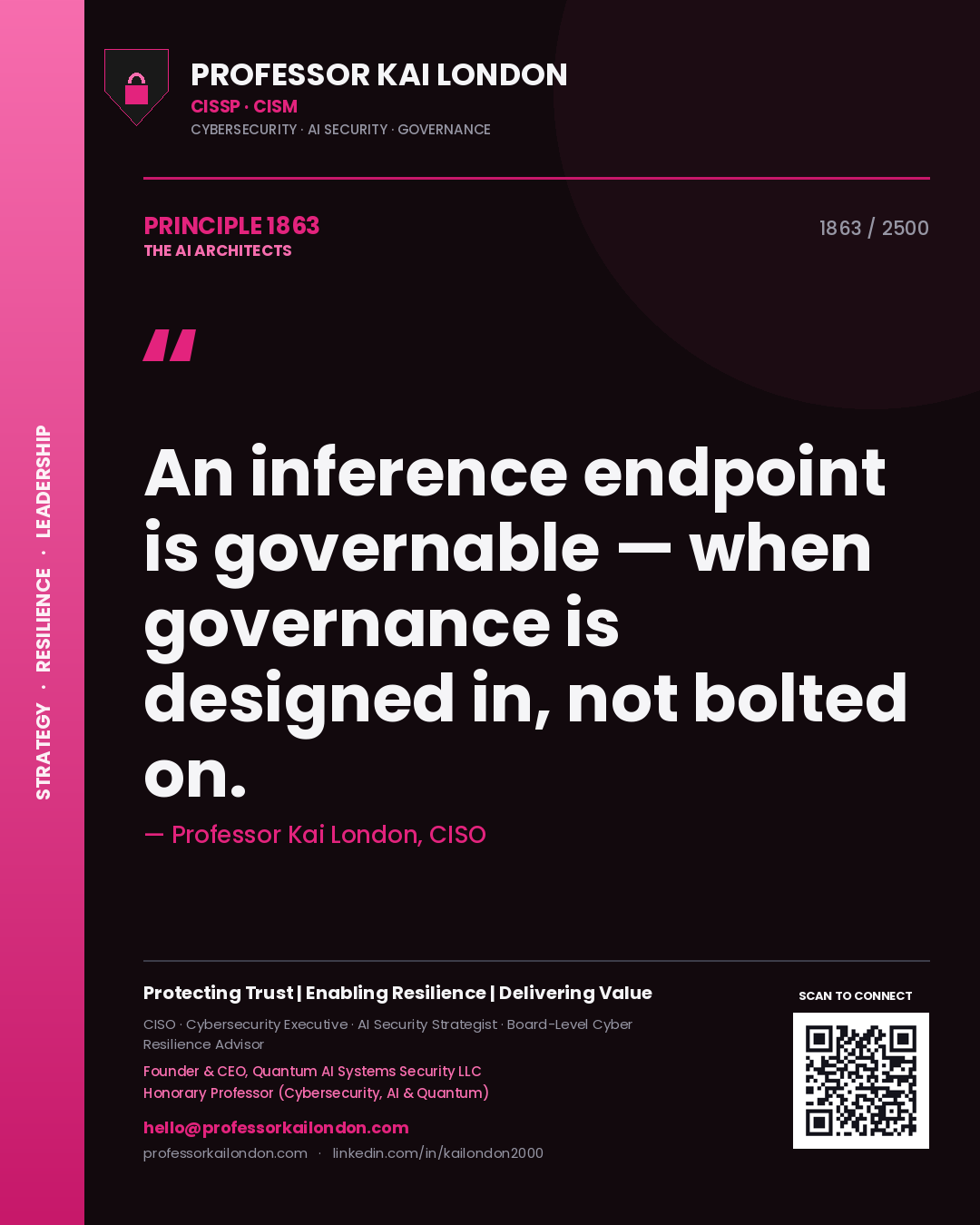 Quote card by Professor Kai London reading 'An inference endpoint is governable — when governance is designed in, not bolted on.'. From the book The AI Architects.