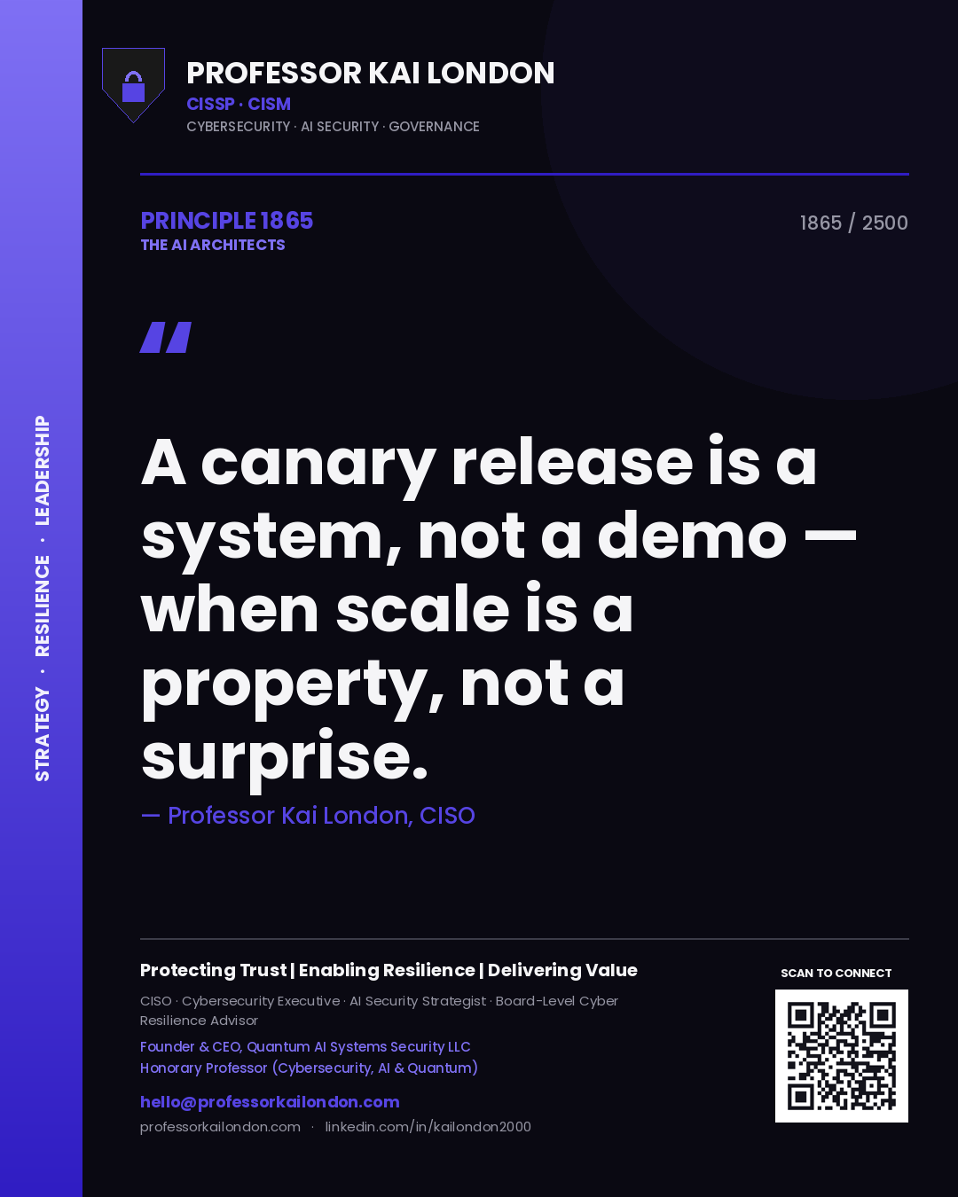 Quote card by Professor Kai London reading 'A canary release is a system, not a demo — when scale is a property, not a surprise.'. From the book The AI Architects.