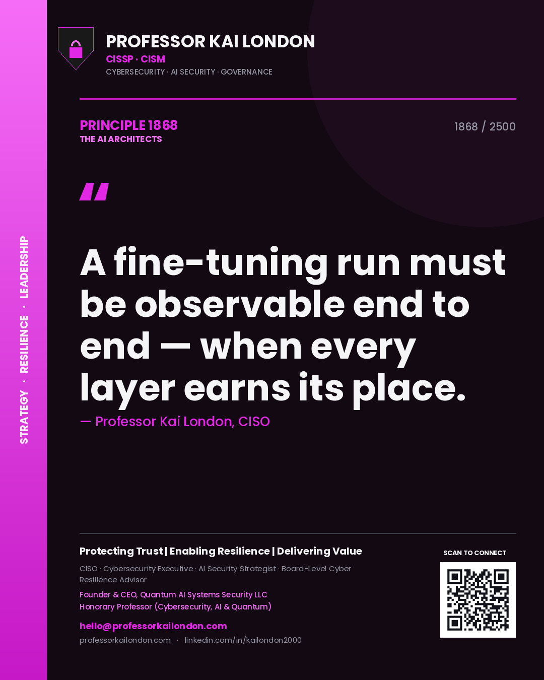 Quote card by Professor Kai London reading 'A fine-tuning run must be observable end to end — when every layer earns its place.'. From the book The AI Architects.