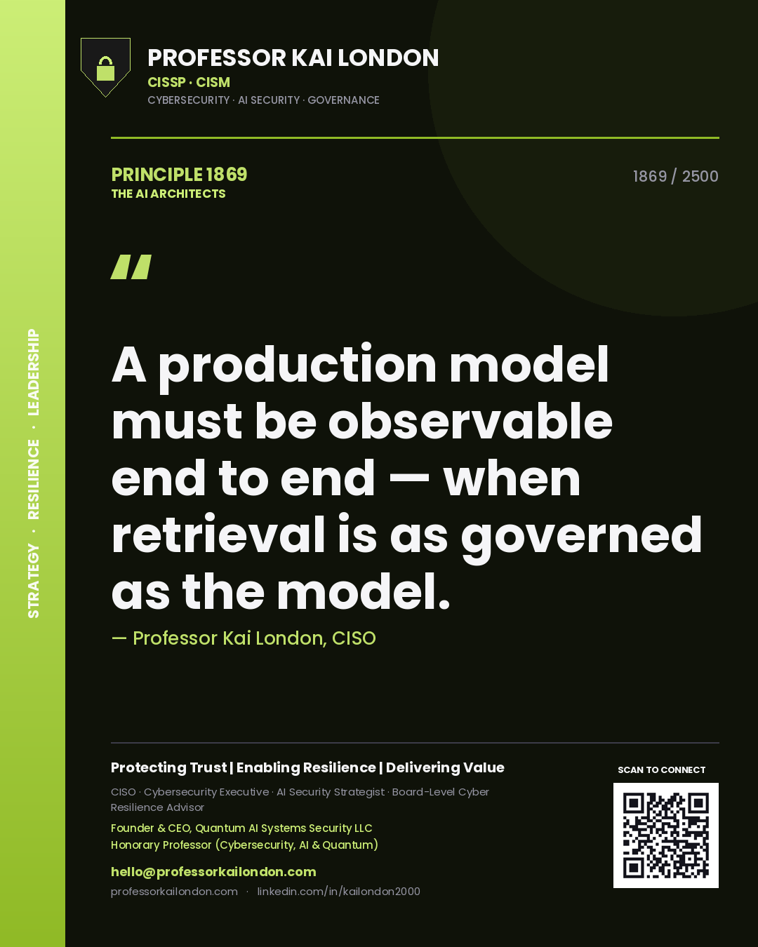 Quote card by Professor Kai London reading 'A production model must be observable end to end — when retrieval is as governed as the model.'. From the book The AI Architects.