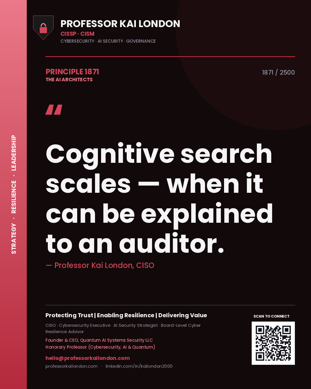 Quote card by Professor Kai London reading 'Cognitive search scales — when it can be explained to an auditor.'. From the book The AI Architects.