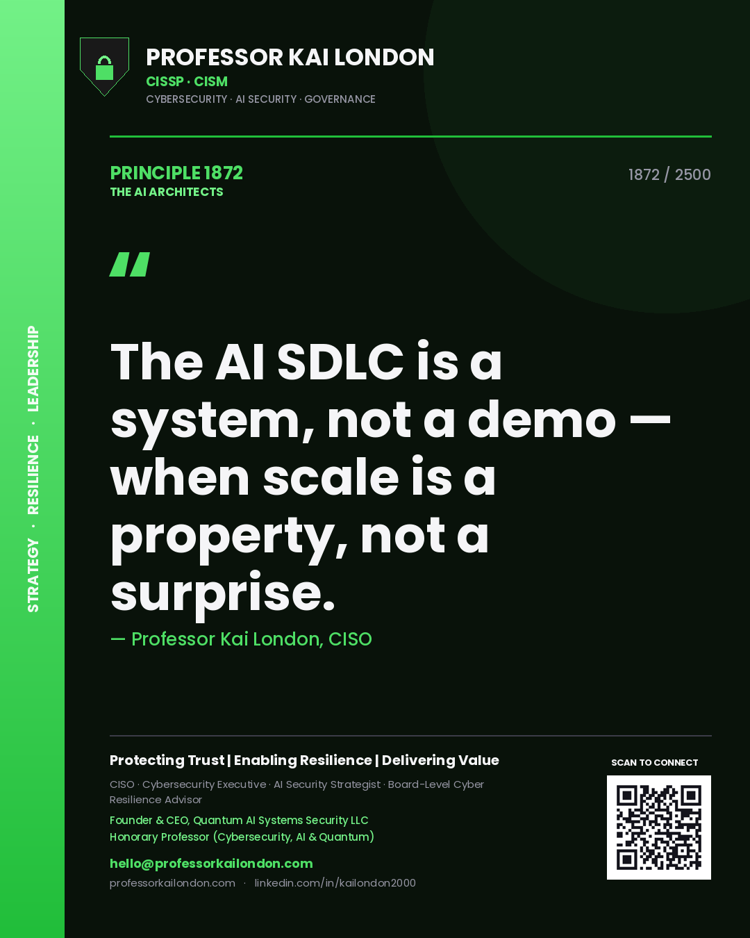 Quote card by Professor Kai London reading 'The AI SDLC is a system, not a demo — when scale is a property, not a surprise.'. From the book The AI Architects.