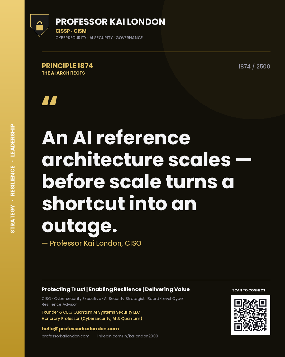 Quote card by Professor Kai London reading 'An AI reference architecture scales — before scale turns a shortcut into an outage.'. From the book The AI Architects.