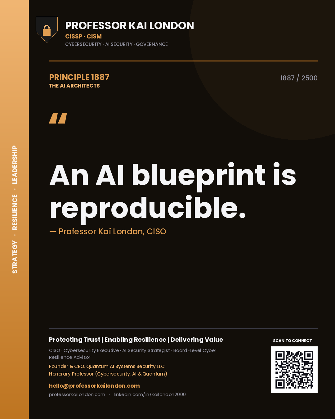 Quote card by Professor Kai London reading 'An AI blueprint is reproducible.'. From the book The AI Architects.