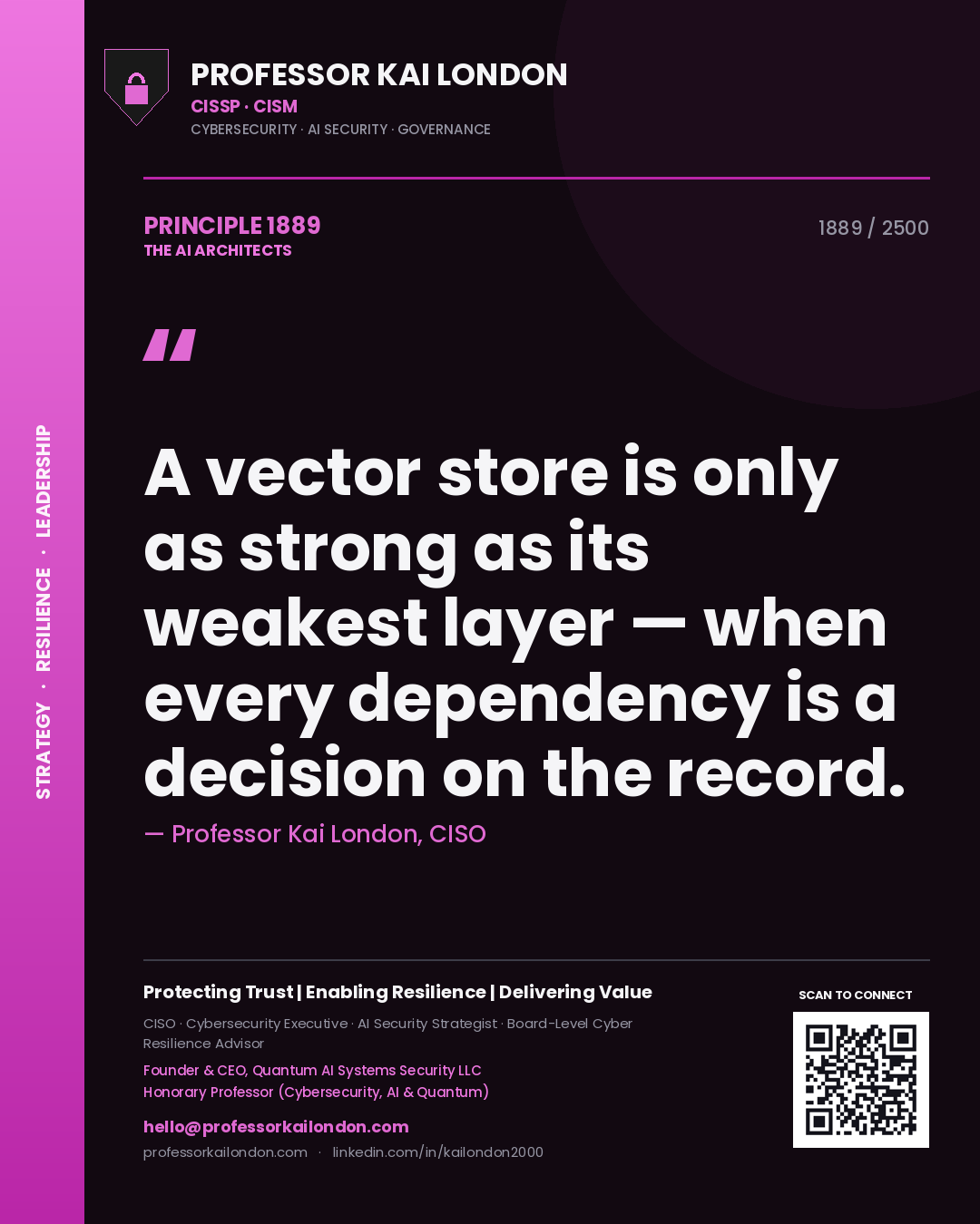 Quote card by Professor Kai London reading 'A vector store is only as strong as its weakest layer — when every dependency is a decision on the record.'. From the book The AI Architects.