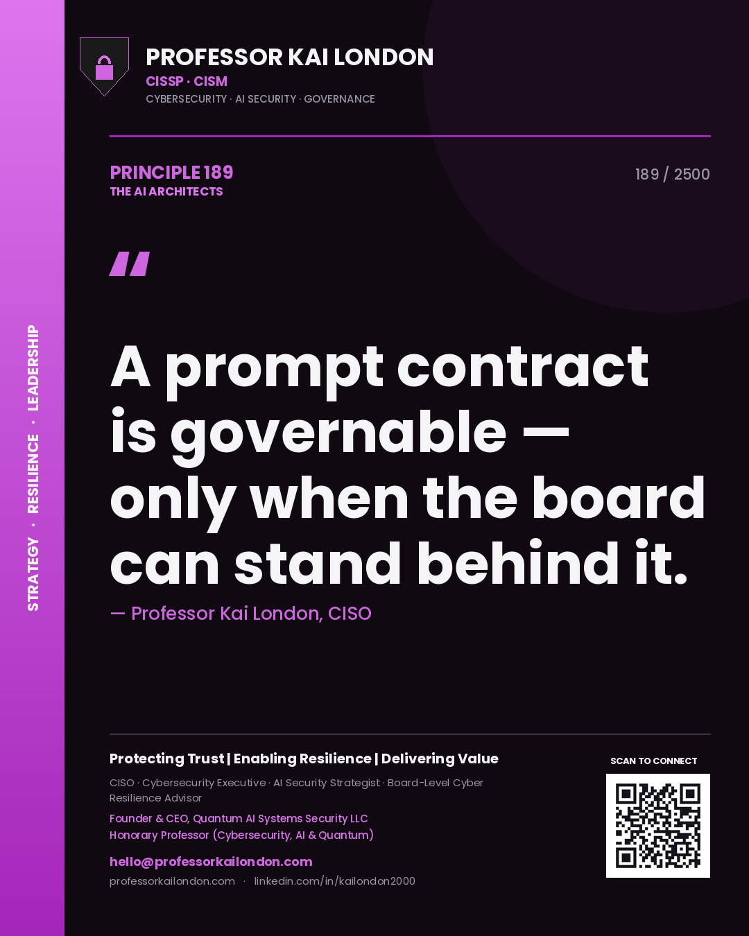 Quote card by Professor Kai London reading 'A prompt contract is governable — only when the board can stand behind it.'. From the book The AI Architects.