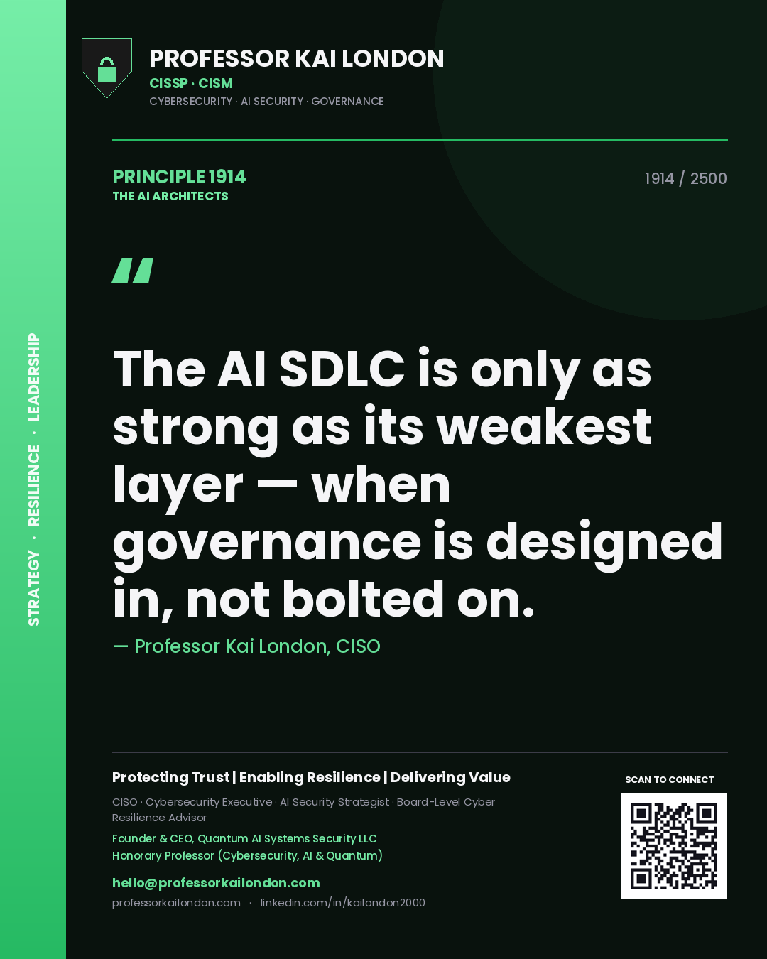 Quote card by Professor Kai London reading 'The AI SDLC is only as strong as its weakest layer — when governance is designed in, not bolted on.'. From the book The AI Architects.