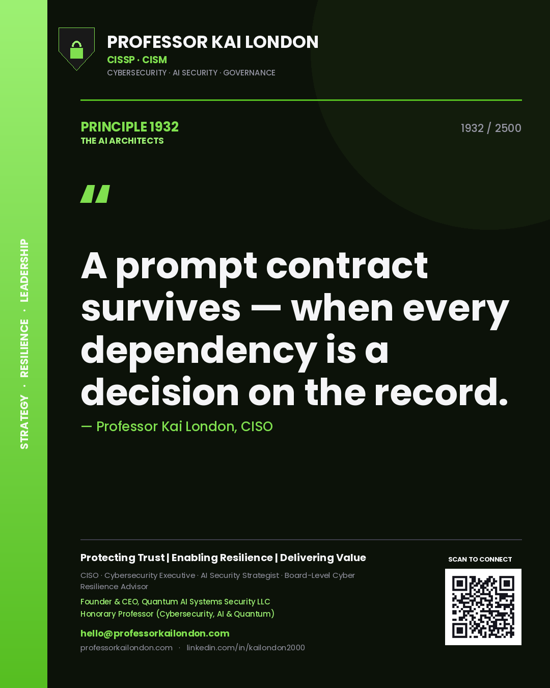 Professor Kai London principle 1932: A prompt contract survives — when every dependency is a decision on the record.