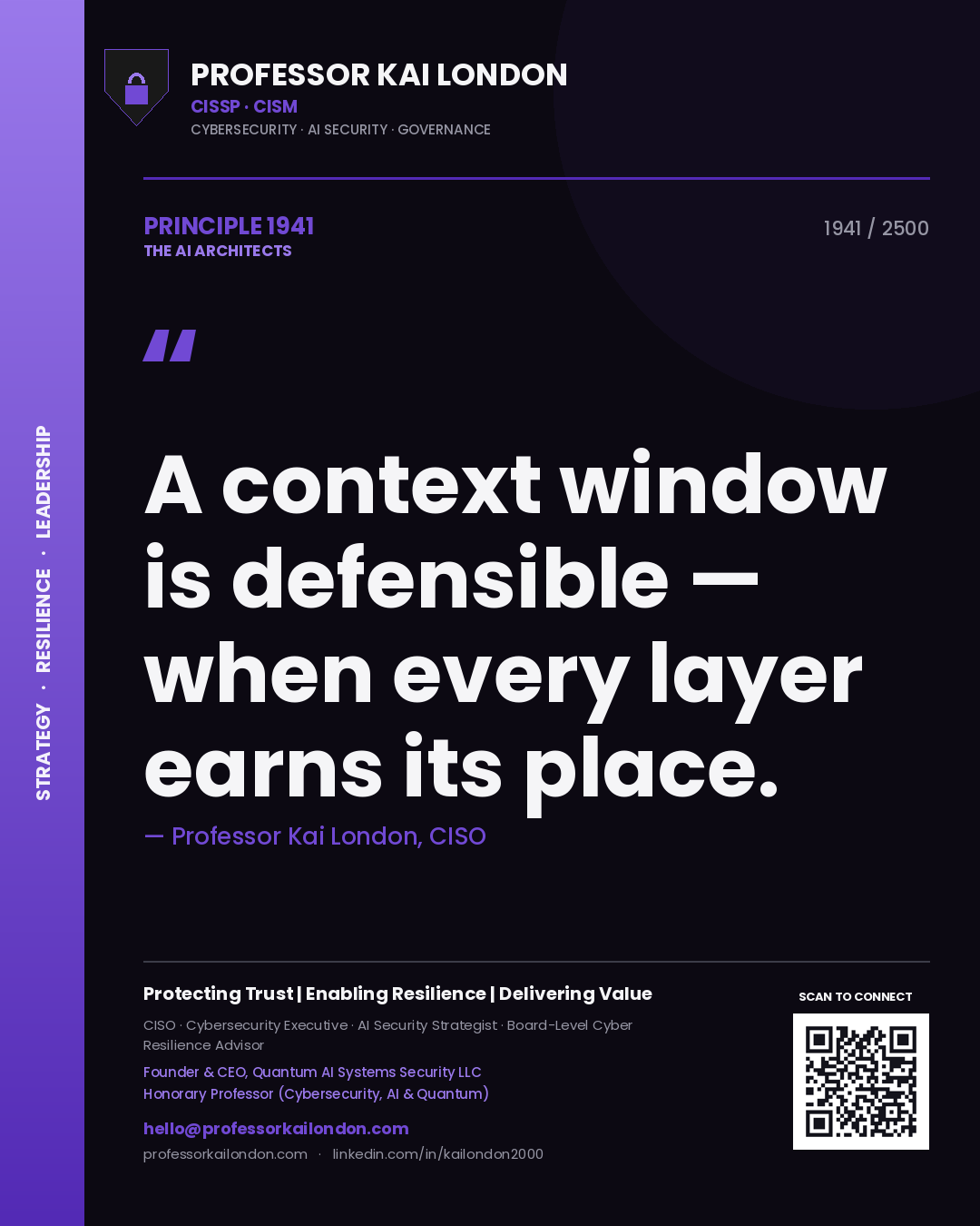 Professor Kai London principle 1941: A context window is defensible — when every layer earns its place.