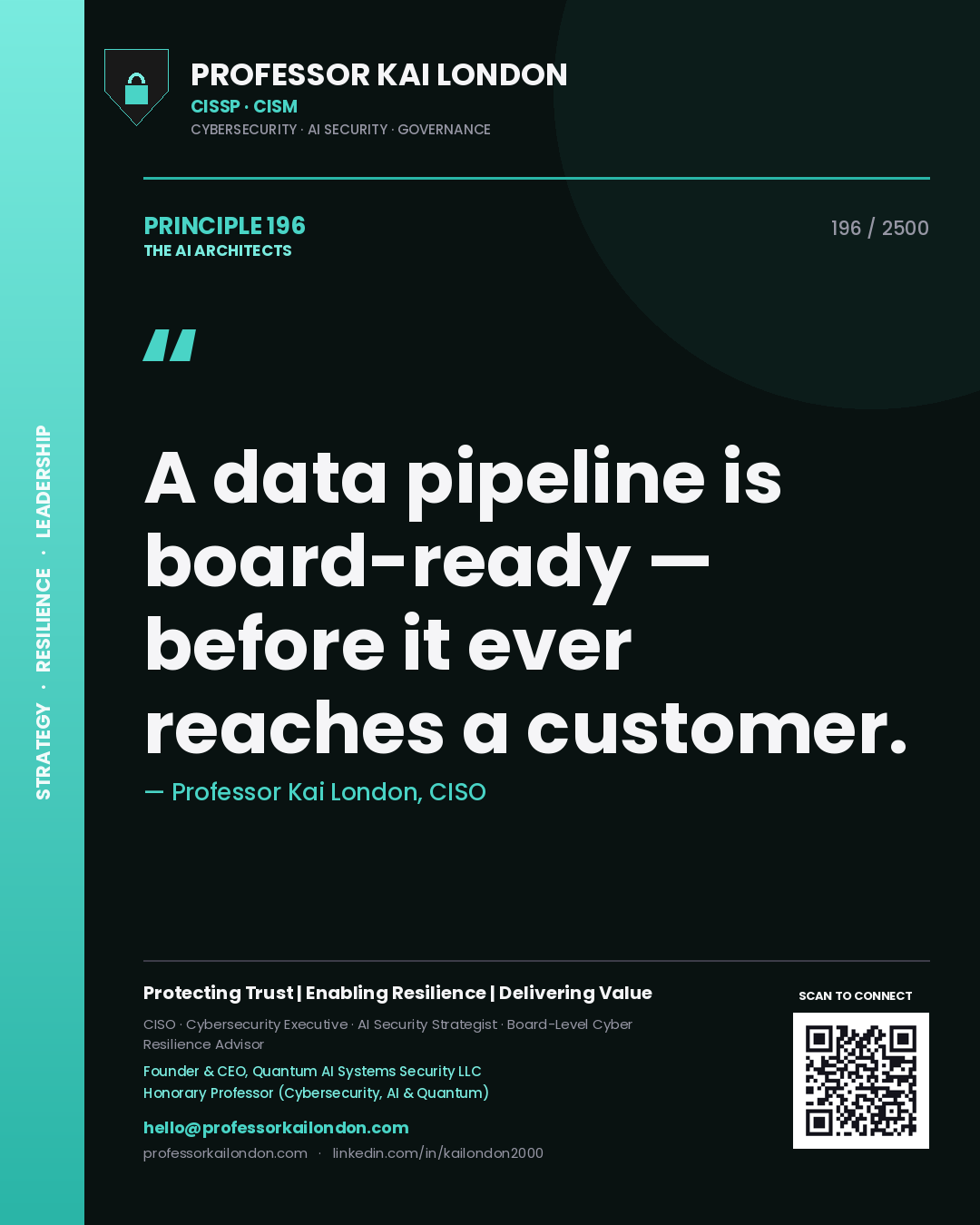 Quote card by Professor Kai London reading 'A data pipeline is board-ready — before it ever reaches a customer.'. From the book The AI Architects.