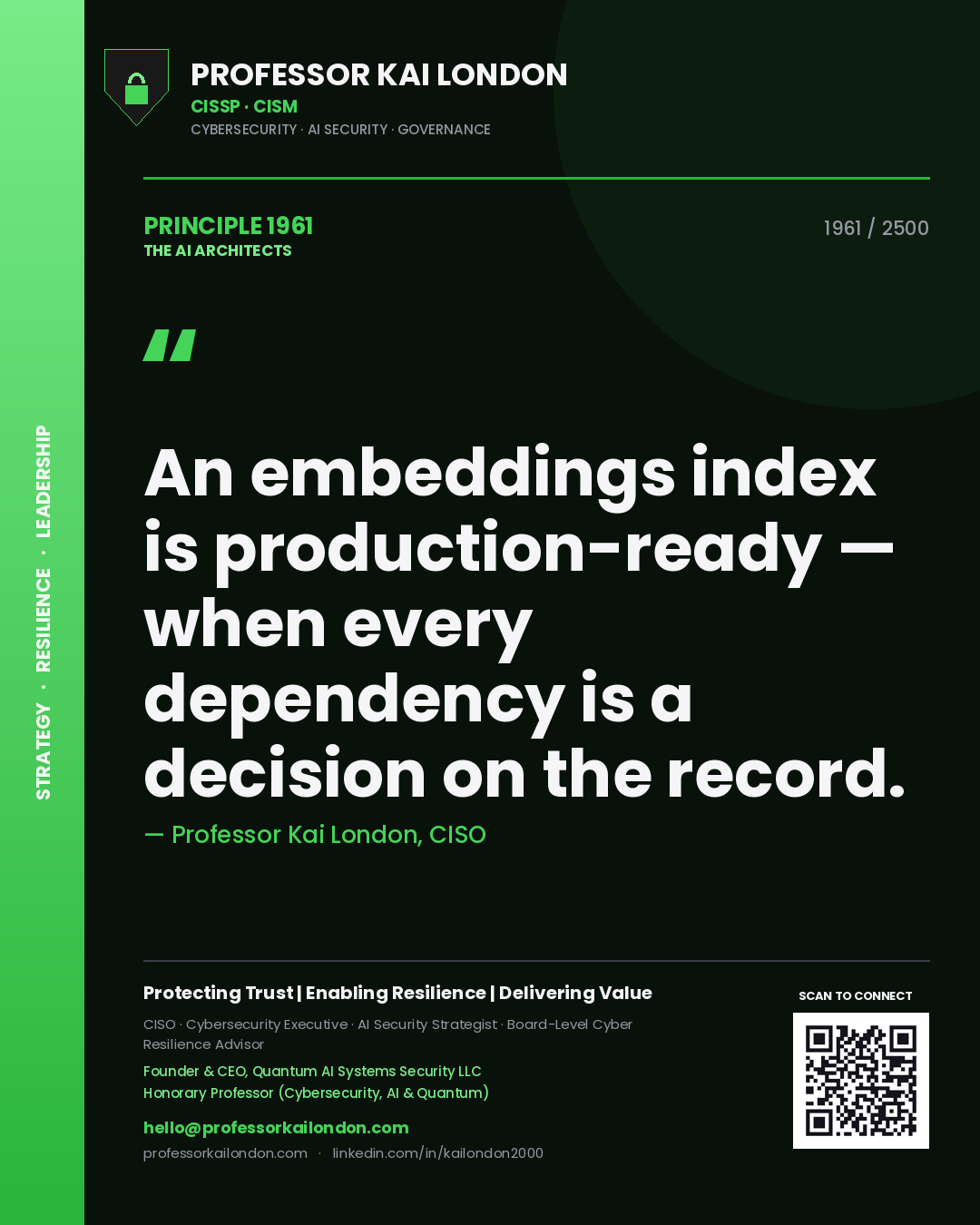Professor Kai London principle 1961: An embeddings index is production-ready — when every dependency is a decision on the record.