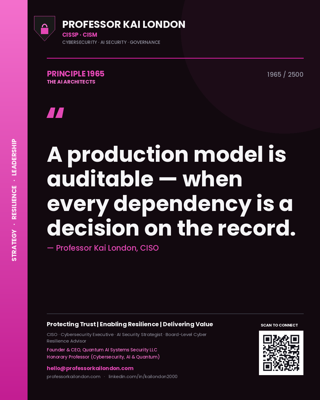 Quote card by Professor Kai London reading 'A production model is auditable — when every dependency is a decision on the record.'. From the book The AI Architects.