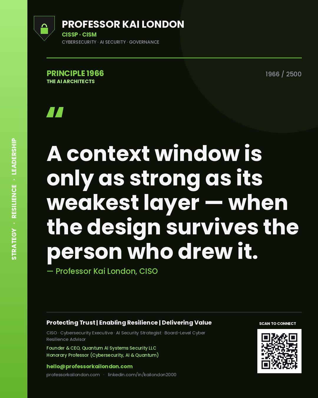 Quote card by Professor Kai London reading 'A context window is only as strong as its weakest layer — when the design survives the person who drew it.'. From the book The AI Architects.