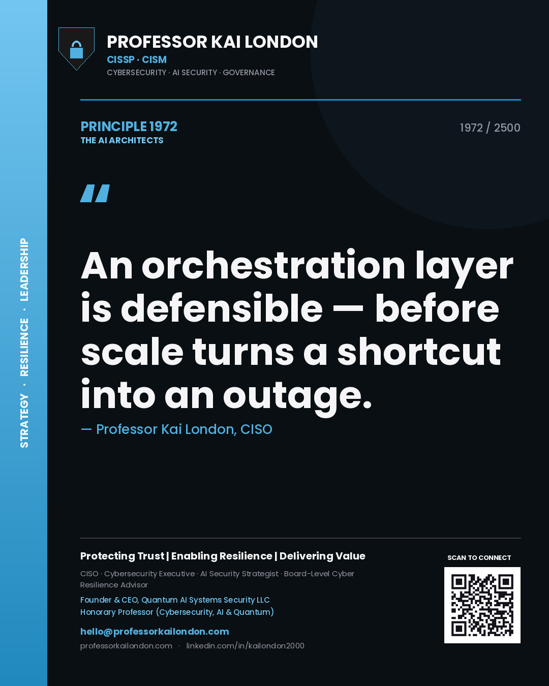 Quote card by Professor Kai London reading 'An orchestration layer is defensible — before scale turns a shortcut into an outage.'. From the book The AI Architects.