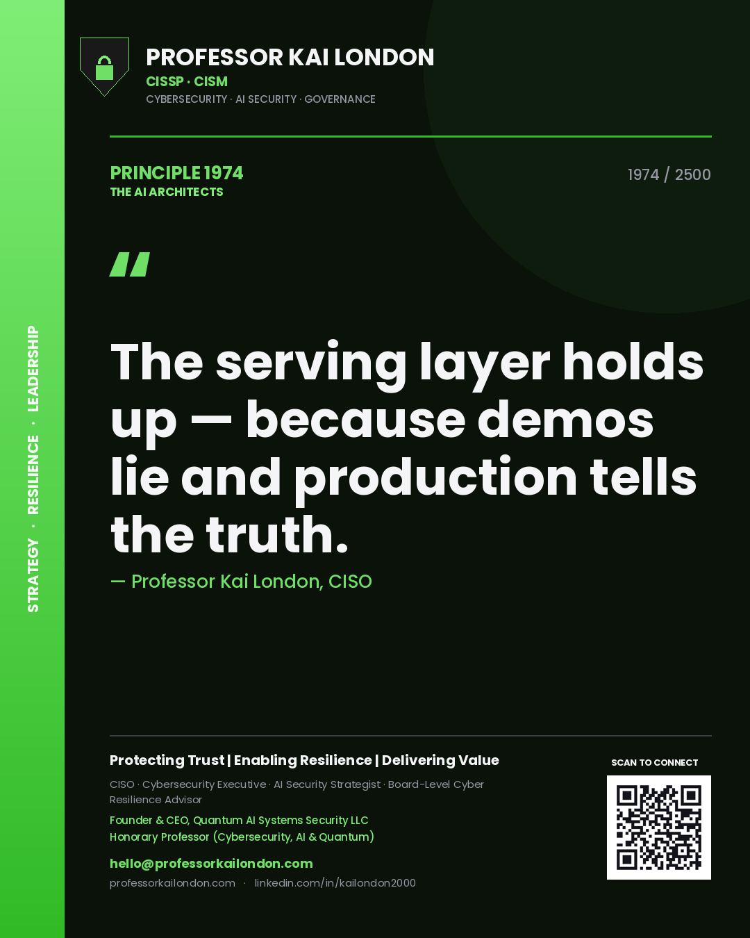 Professor Kai London principle 1974: The serving layer holds up — because demos lie and production tells the truth.