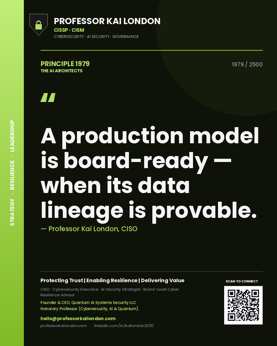 Professor Kai London principle 1979: A production model is board-ready — when its data lineage is provable.