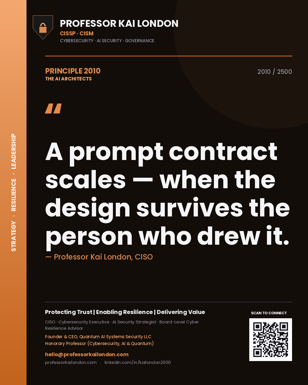 Professor Kai London principle 2010: A prompt contract scales — when the design survives the person who drew it.