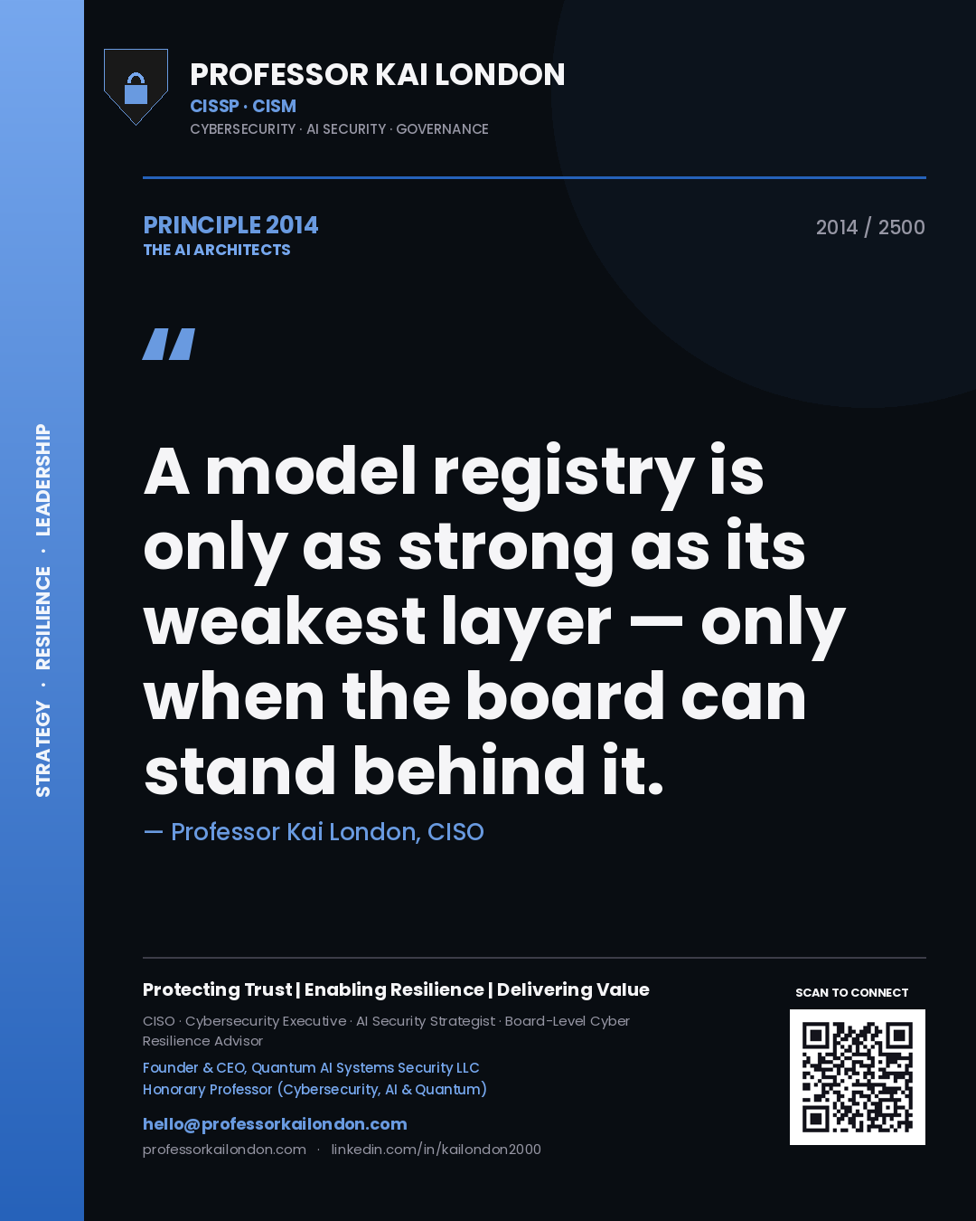 Professor Kai London principle 2014: A model registry is only as strong as its weakest layer — only when the board can stand behind it.