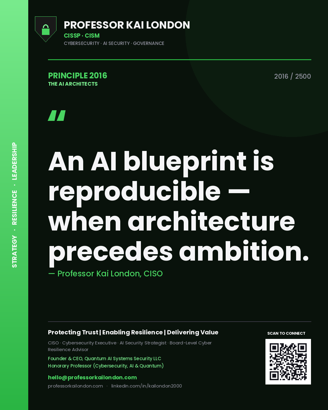 Professor Kai London principle 2016: An AI blueprint is reproducible — when architecture precedes ambition.