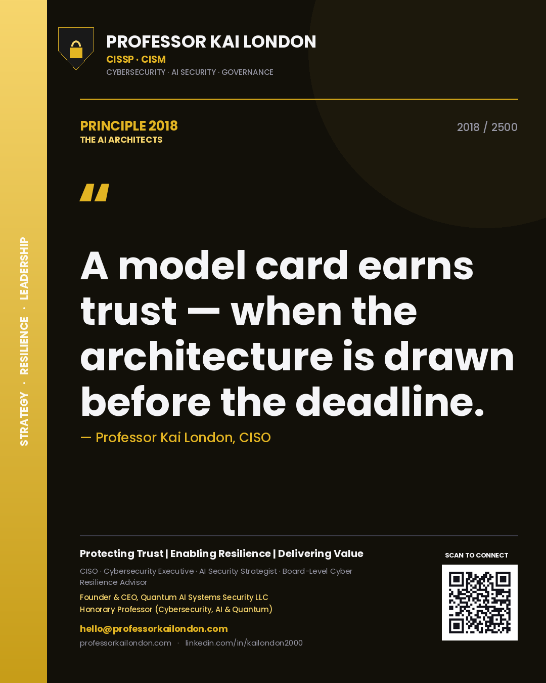 Professor Kai London principle 2018: A model card earns trust — when the architecture is drawn before the deadline.