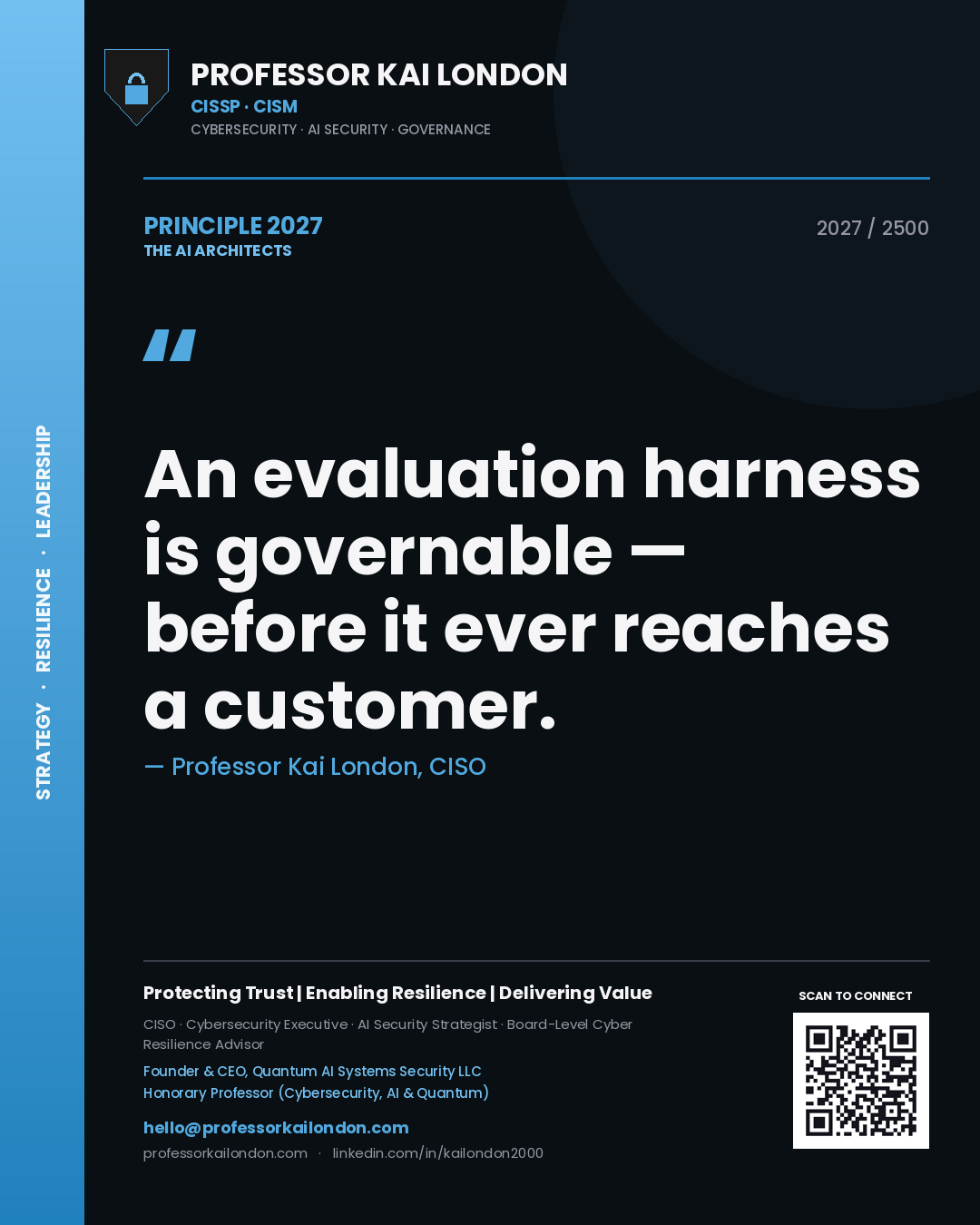 Professor Kai London principle 2027: An evaluation harness is governable — before it ever reaches a customer.