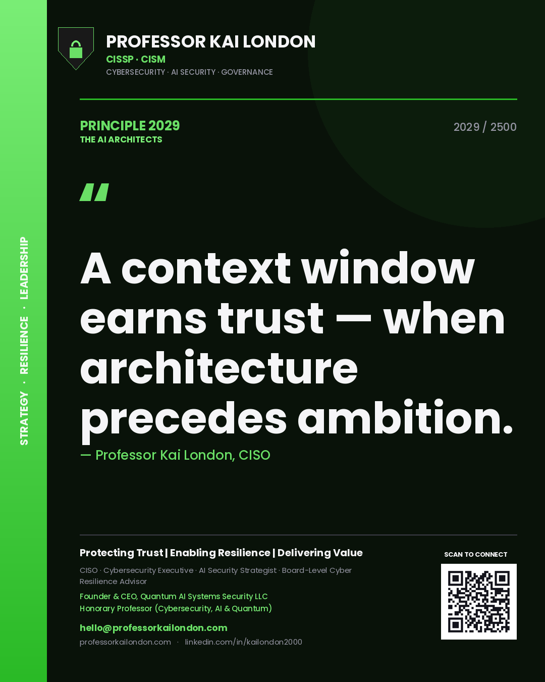 Professor Kai London principle 2029: A context window earns trust — when architecture precedes ambition.