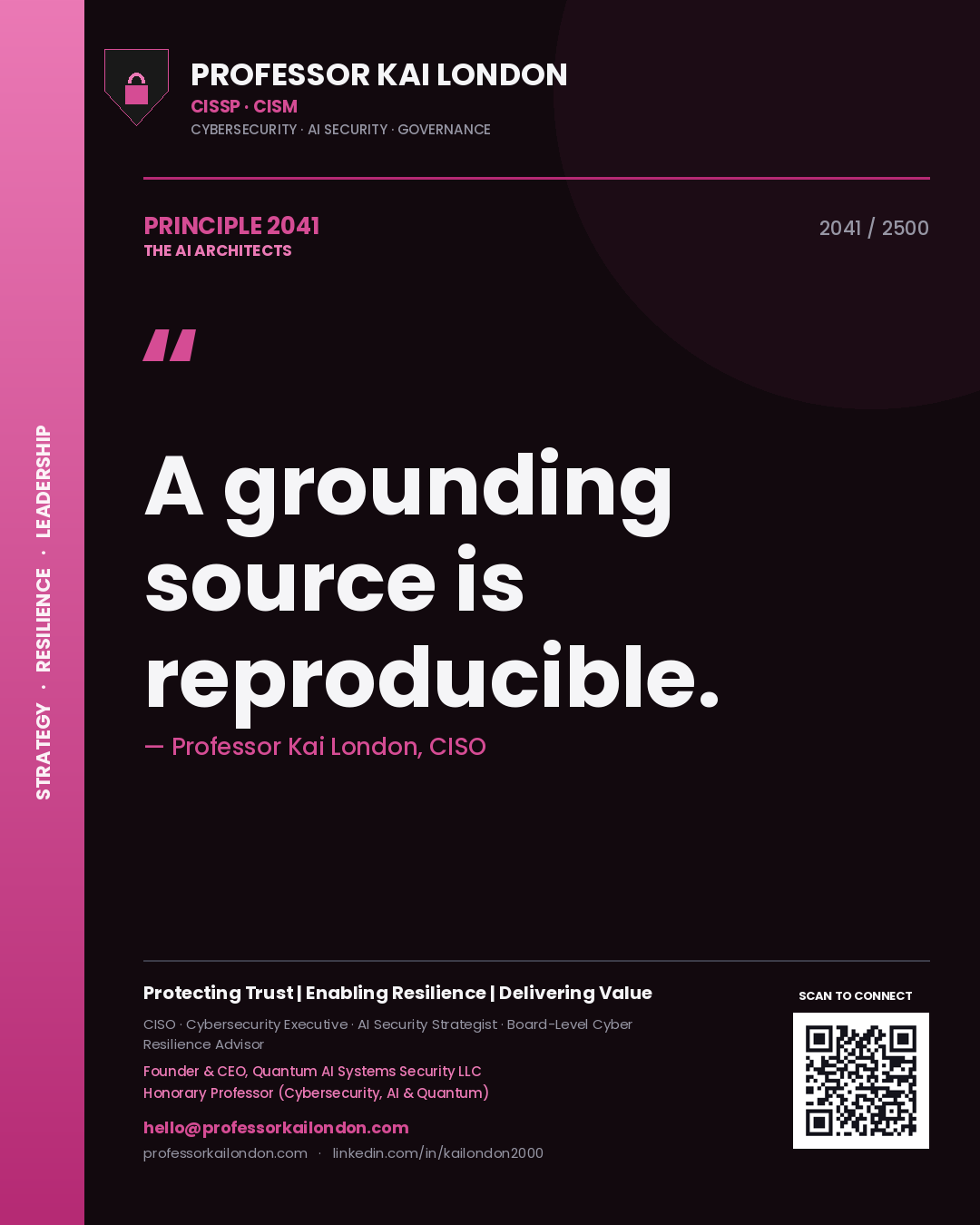 Quote card by Professor Kai London reading 'A grounding source is reproducible.'. From the book The AI Architects.