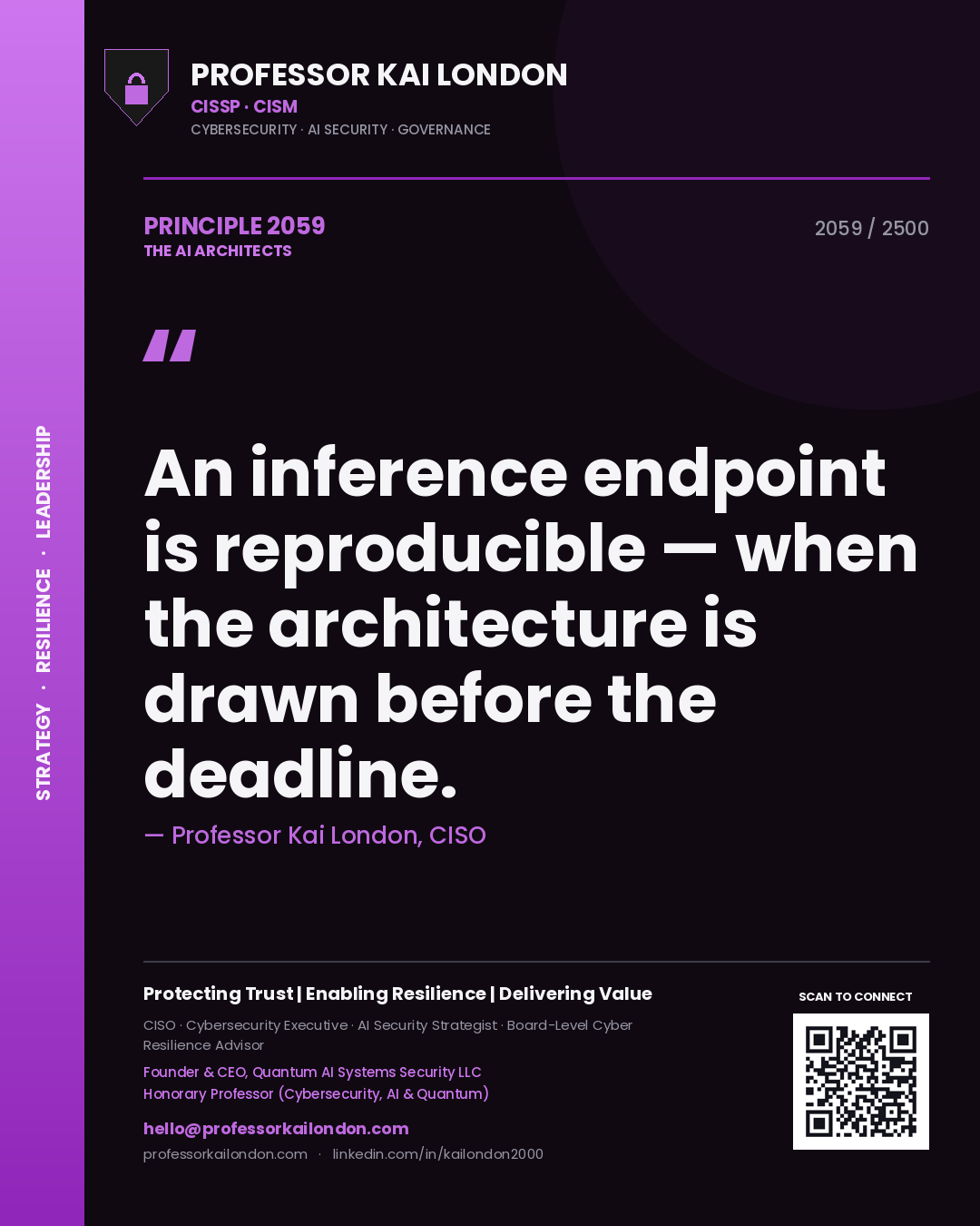 Professor Kai London principle 2059: An inference endpoint is reproducible — when the architecture is drawn before the deadline.