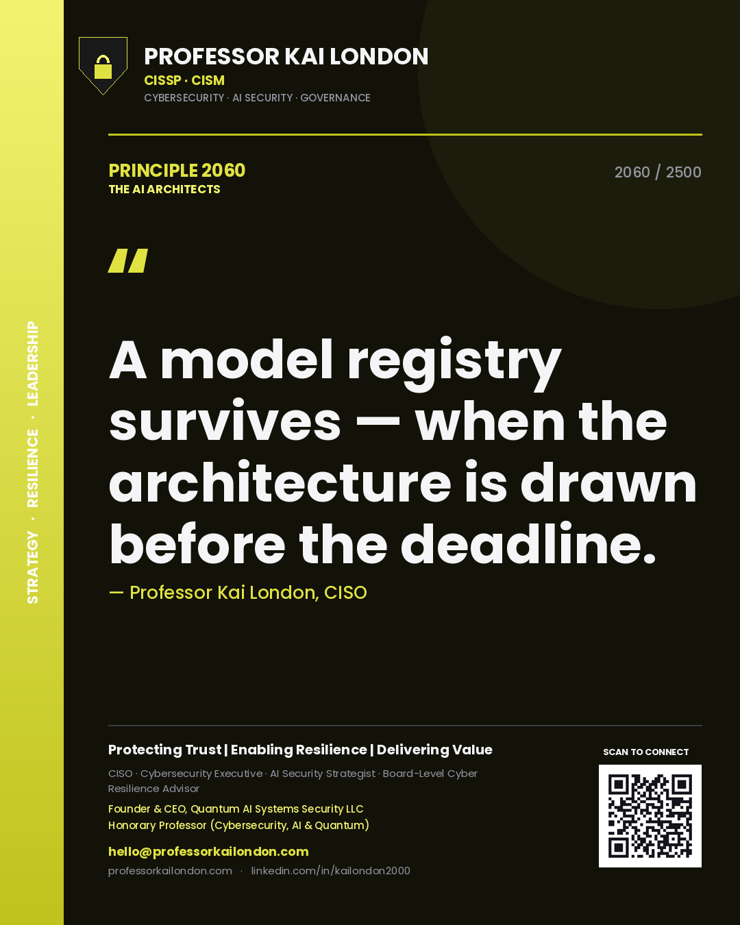 Professor Kai London principle 2060: A model registry survives — when the architecture is drawn before the deadline.