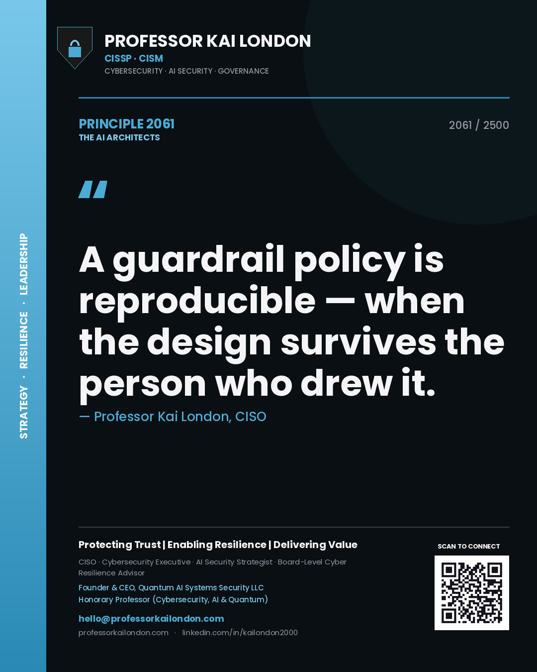 Professor Kai London principle 2061: A guardrail policy is reproducible — when the design survives the person who drew it.