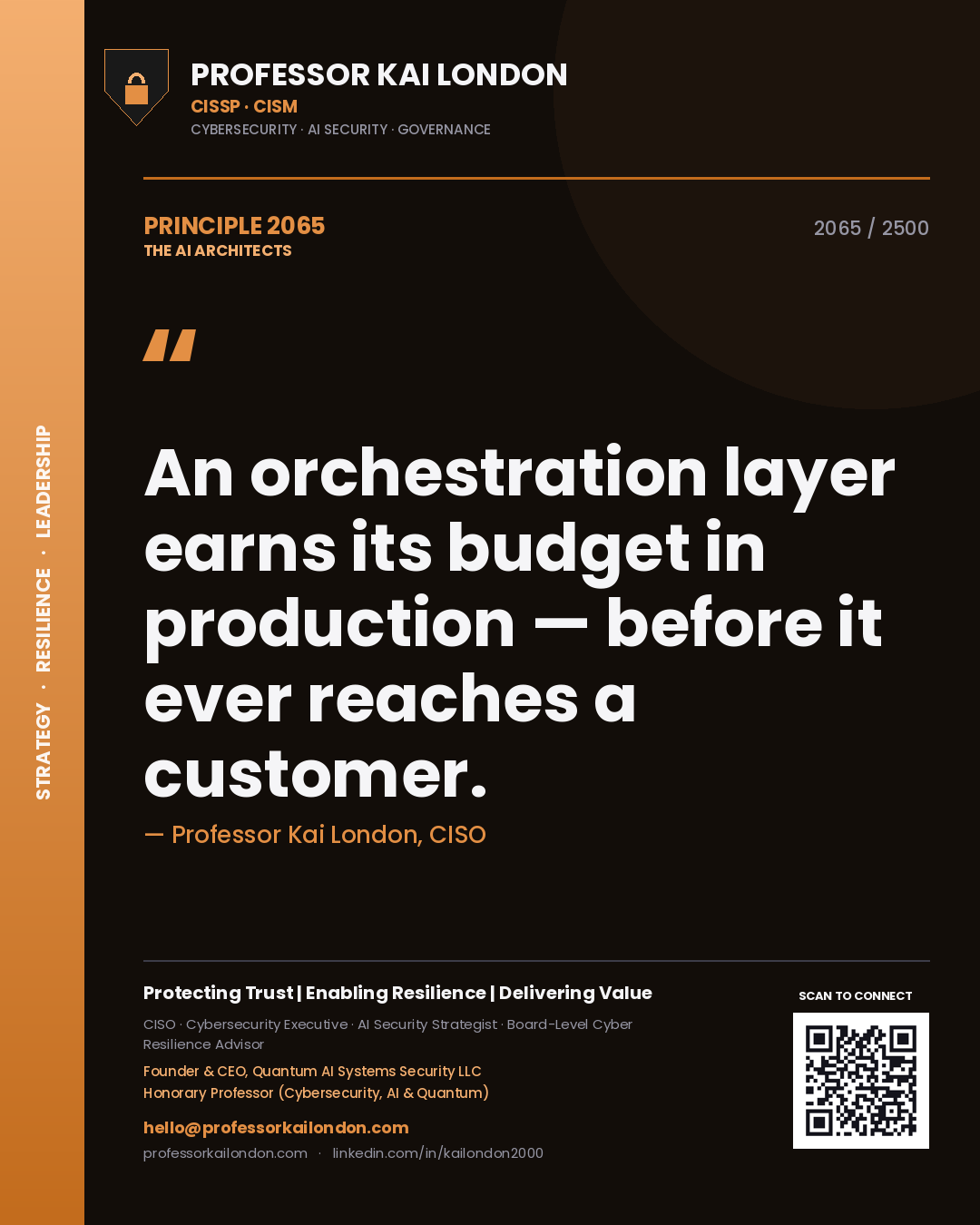 Professor Kai London principle 2065: An orchestration layer earns its budget in production — before it ever reaches a customer.
