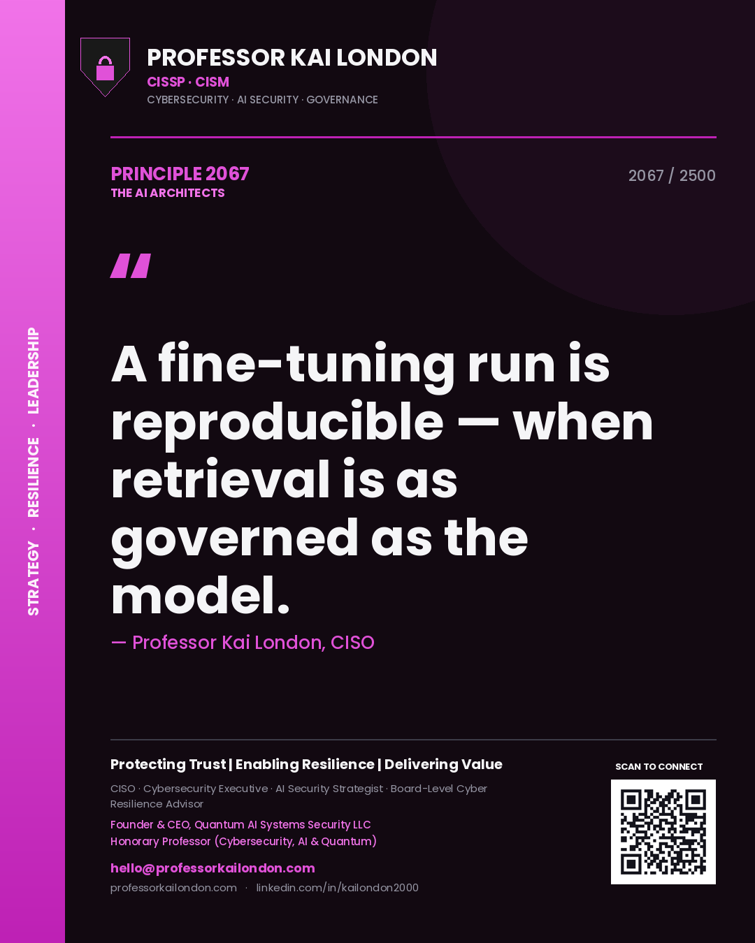 Quote card by Professor Kai London reading 'A fine-tuning run is reproducible — when retrieval is as governed as the model.'. From the book The AI Architects.