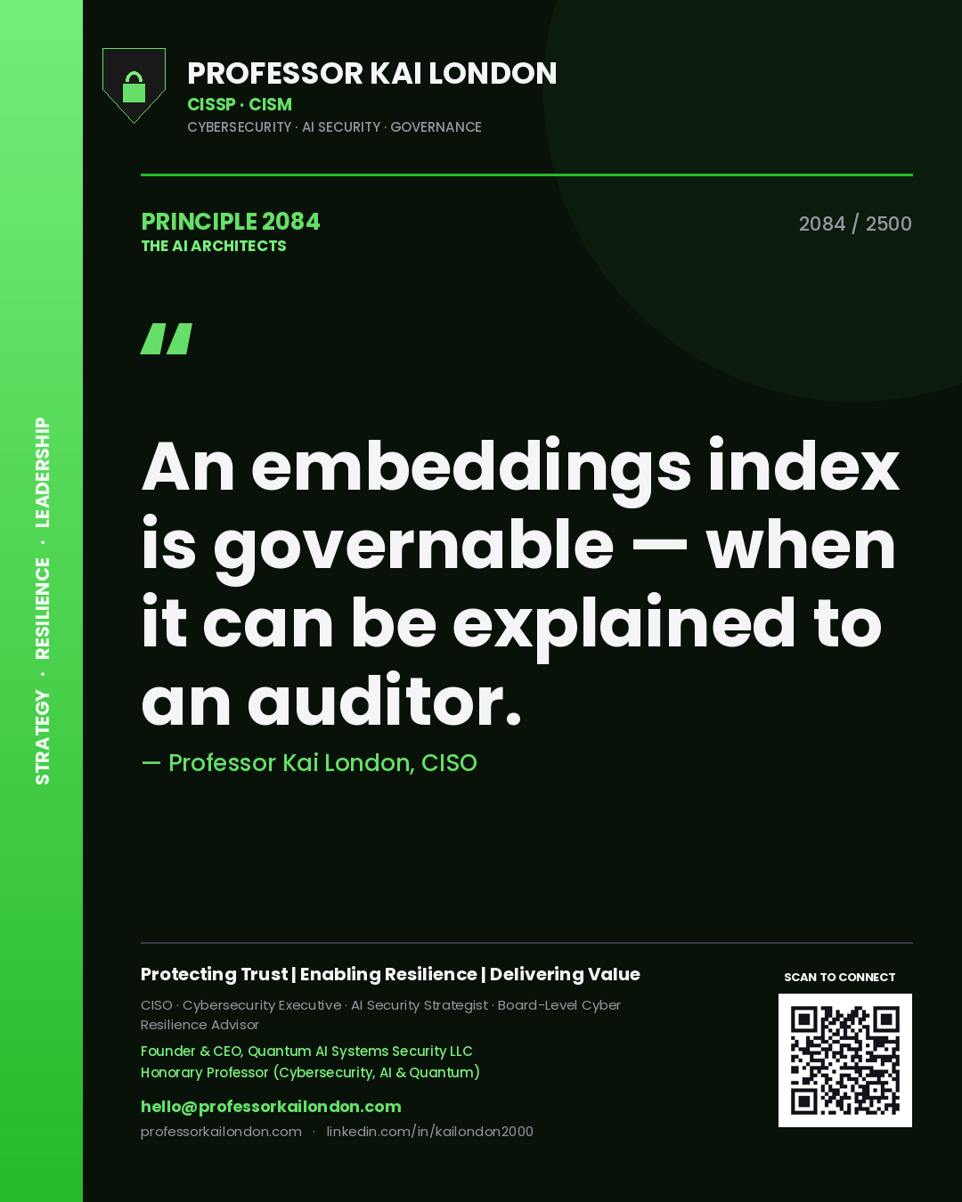 Quote card by Professor Kai London reading 'An embeddings index is governable — when it can be explained to an auditor.'. From the book The AI Architects.