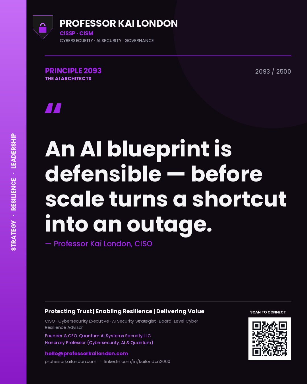 Professor Kai London principle 2093: An AI blueprint is defensible — before scale turns a shortcut into an outage.