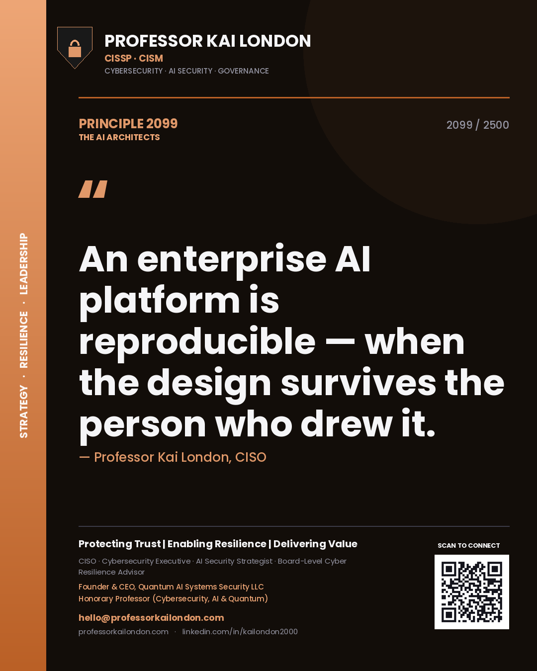Quote card by Professor Kai London reading 'An enterprise AI platform is reproducible — when the design survives the person who drew it.'. From the book The AI Architects.
