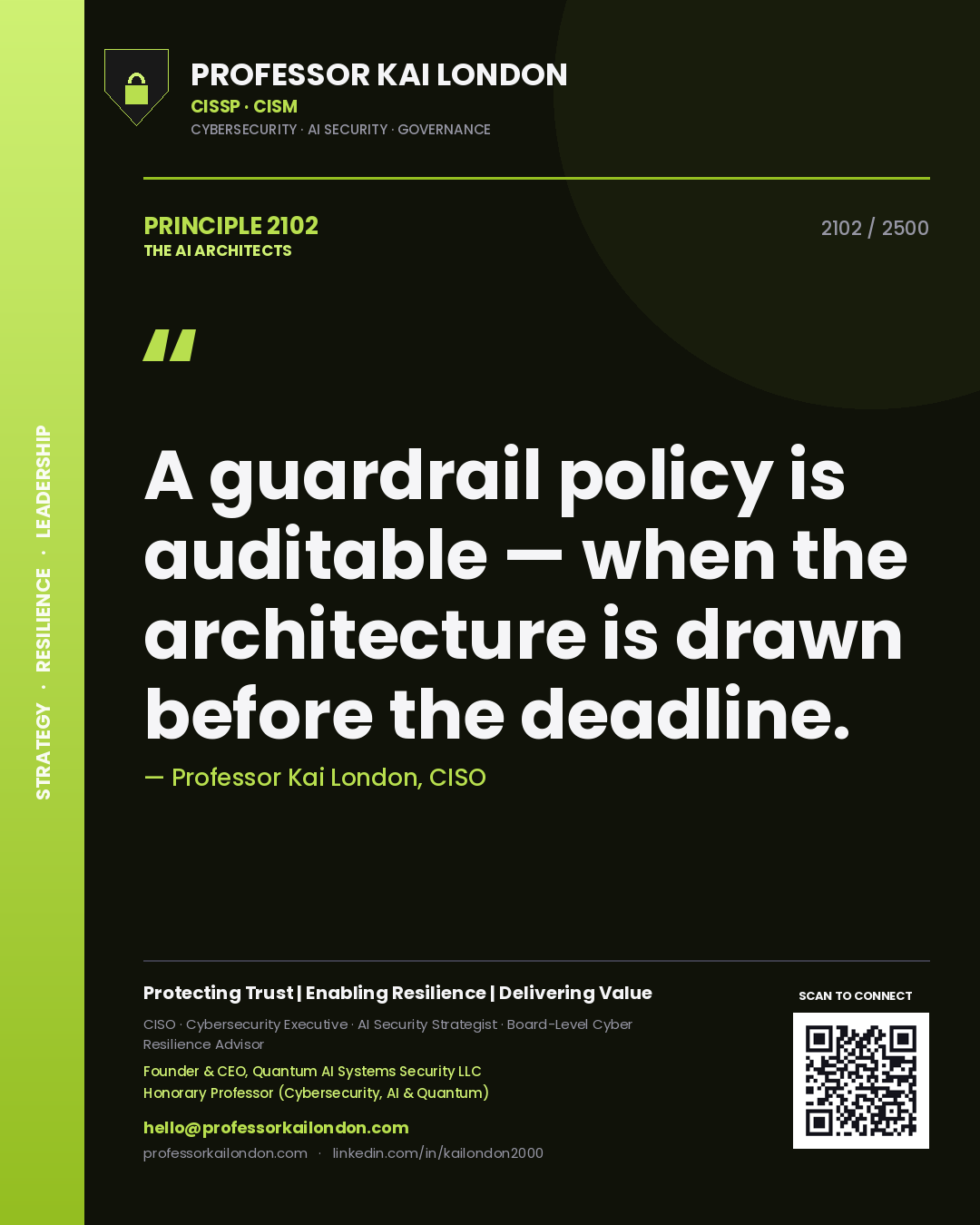 Quote card by Professor Kai London reading 'A guardrail policy is auditable — when the architecture is drawn before the deadline.'. From the book The AI Architects.