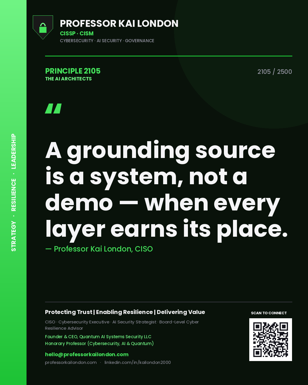 Quote card by Professor Kai London reading 'A grounding source is a system, not a demo — when every layer earns its place.'. From the book The AI Architects.