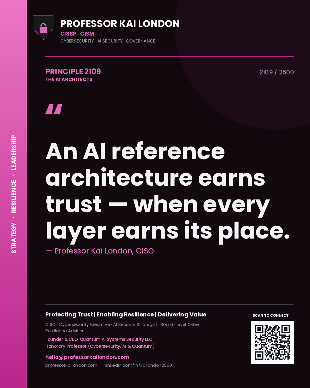 Quote card by Professor Kai London reading 'An AI reference architecture earns trust — when every layer earns its place.'. From the book The AI Architects.