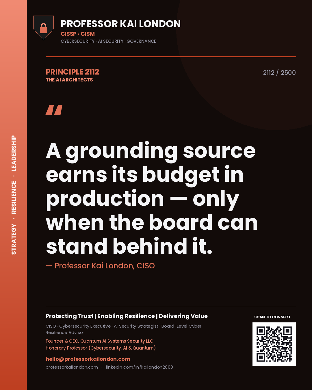 Quote card by Professor Kai London reading 'A grounding source earns its budget in production — only when the board can stand behind it.'. From the book The AI Architects.