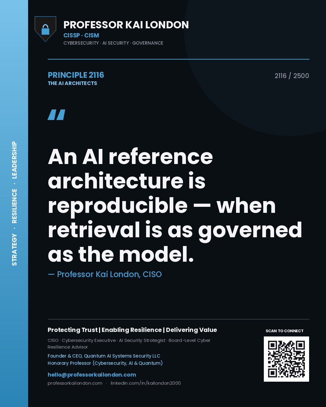 Quote card by Professor Kai London reading 'An AI reference architecture is reproducible — when retrieval is as governed as the model.'. From the book The AI Architects.