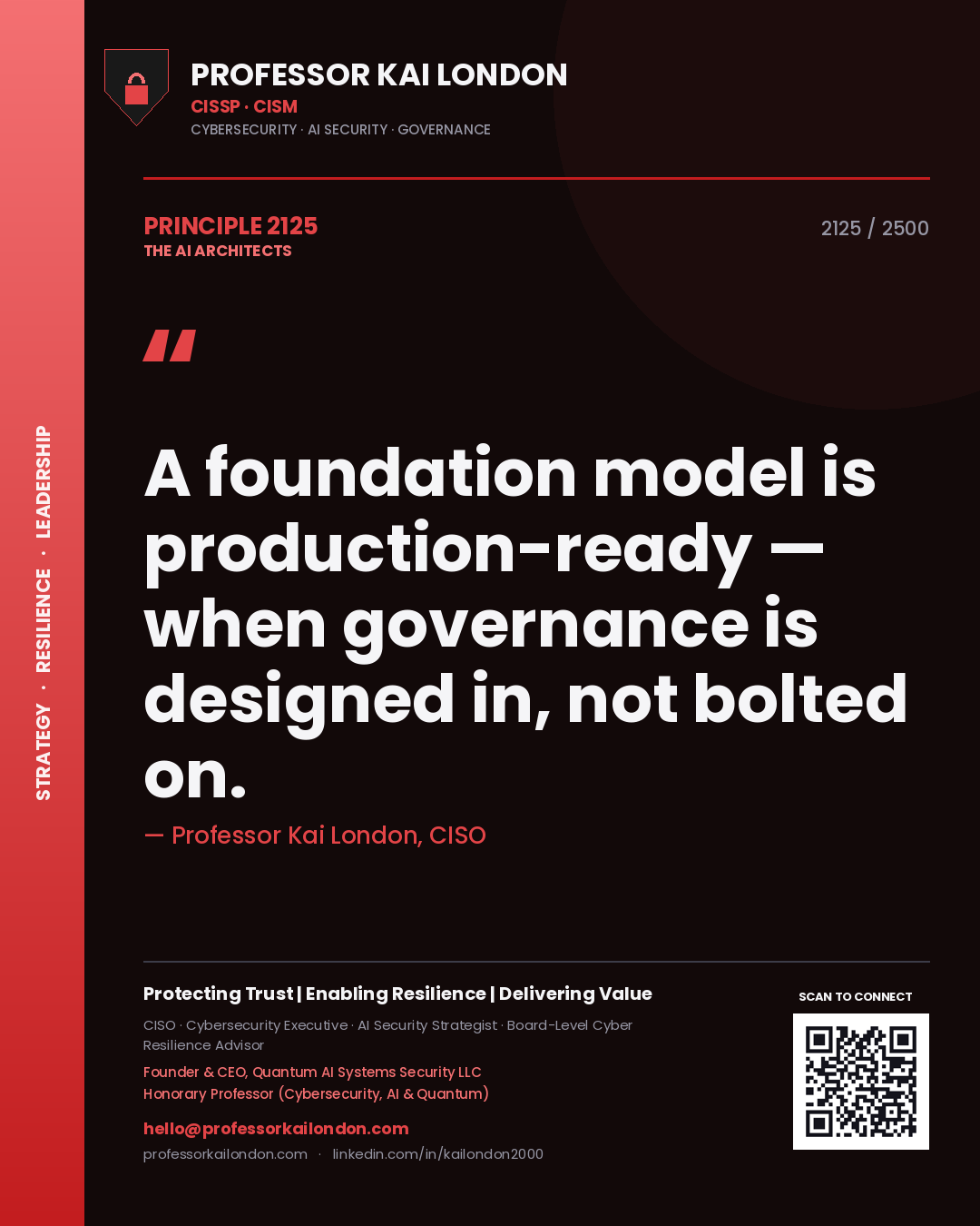 Quote card by Professor Kai London reading 'A foundation model is production-ready — when governance is designed in, not bolted on.'. From the book The AI Architects.