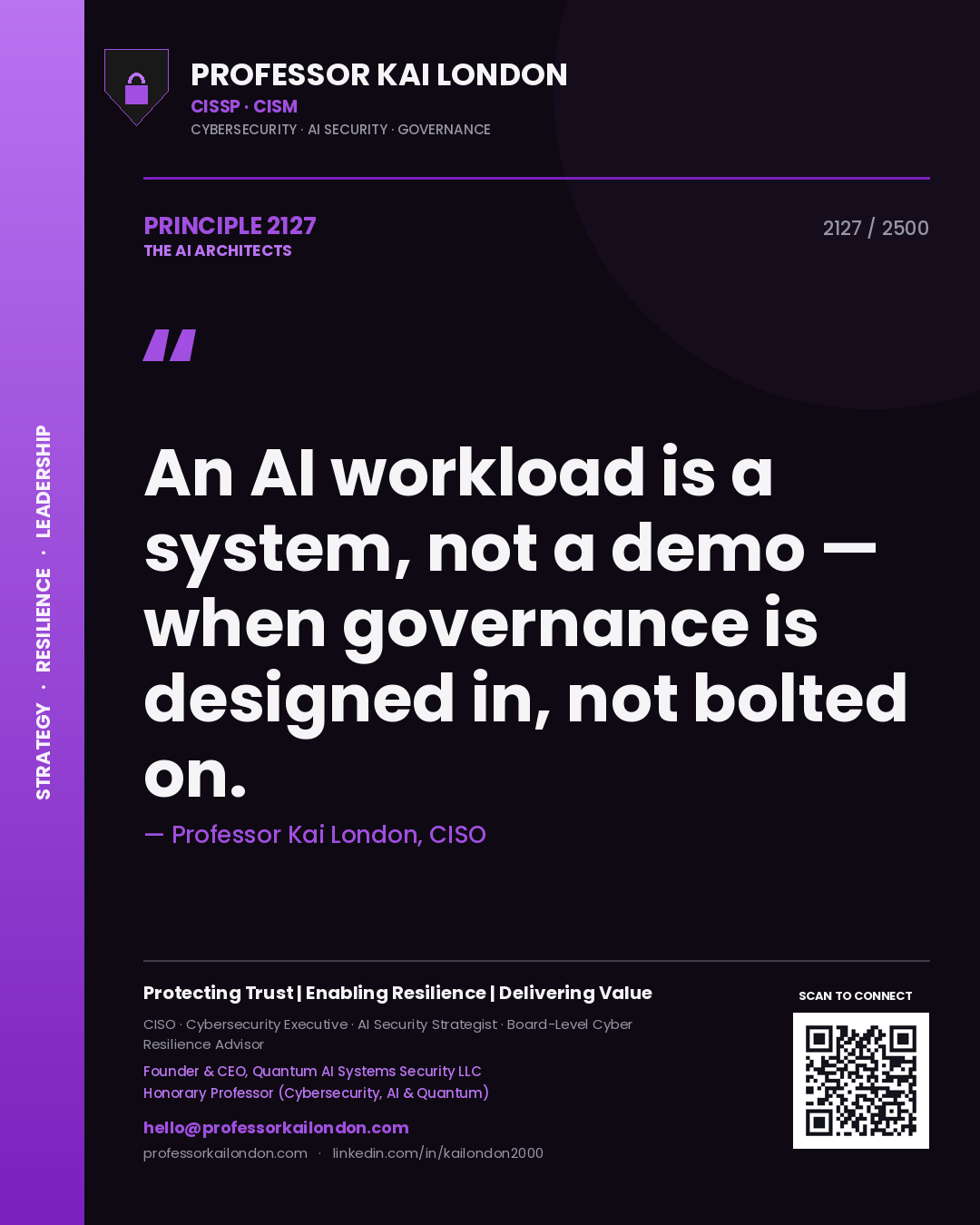 Quote card by Professor Kai London reading 'An AI workload is a system, not a demo — when governance is designed in, not bolted on.'. From the book The AI Architects.