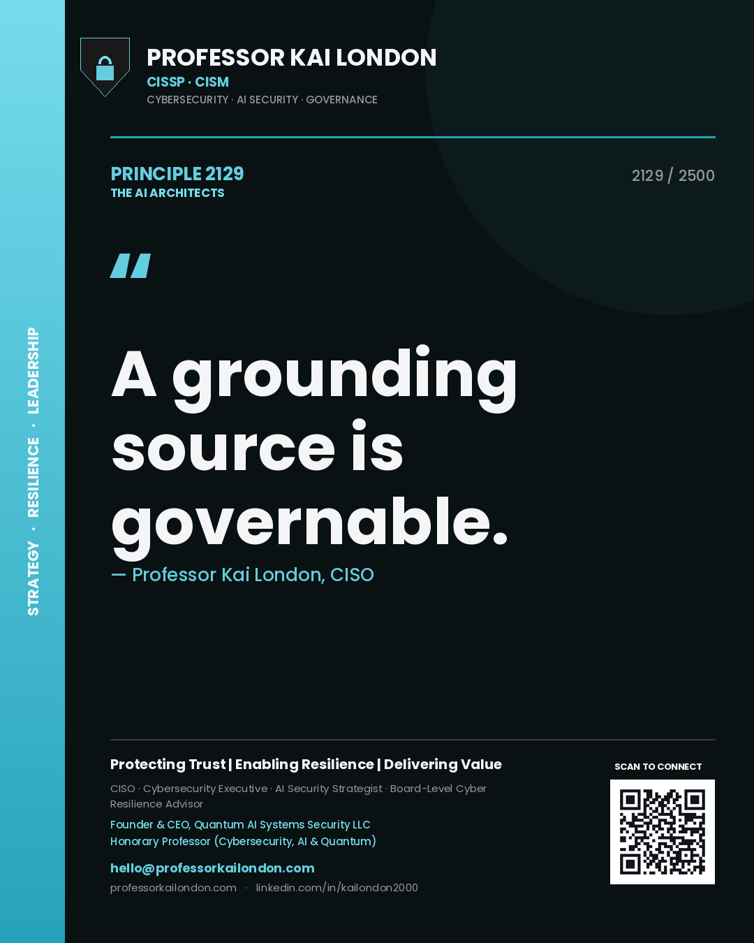 Quote card by Professor Kai London reading 'A grounding source is governable.'. From the book The AI Architects.