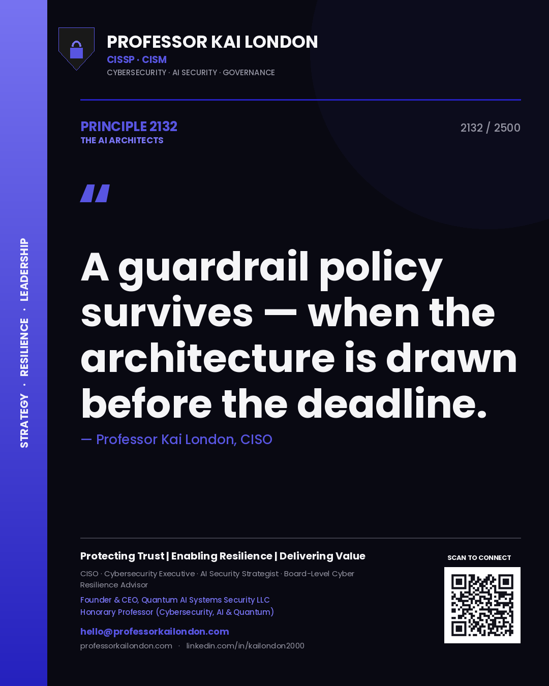 Quote card by Professor Kai London reading 'A guardrail policy survives — when the architecture is drawn before the deadline.'. From the book The AI Architects.