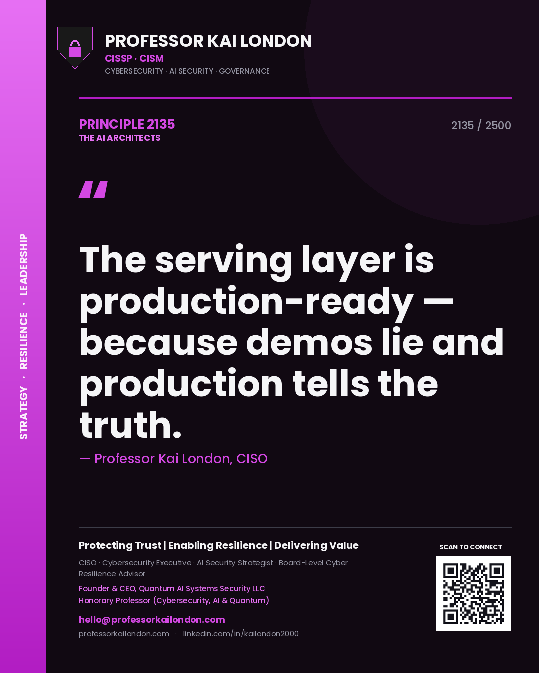 Professor Kai London principle 2135: The serving layer is production-ready — because demos lie and production tells the truth.