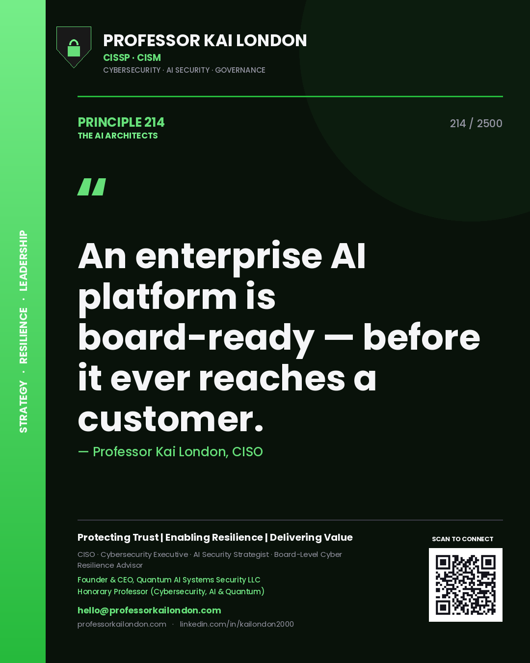 Quote card by Professor Kai London reading 'An enterprise AI platform is board-ready — before it ever reaches a customer.'. From the book The AI Architects.