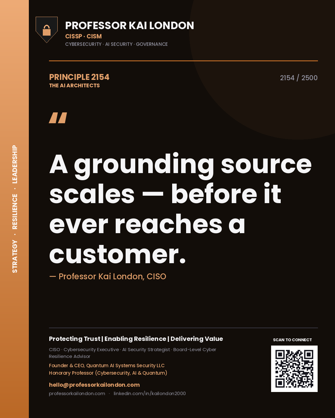 Quote card by Professor Kai London reading 'A grounding source scales — before it ever reaches a customer.'. From the book The AI Architects.
